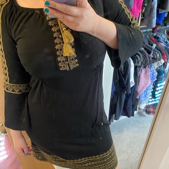 J. Jill Boho Black & Gold Embroidered Dress with Tassels 3/4 Sleeve Size XS - Picture 2 of 5